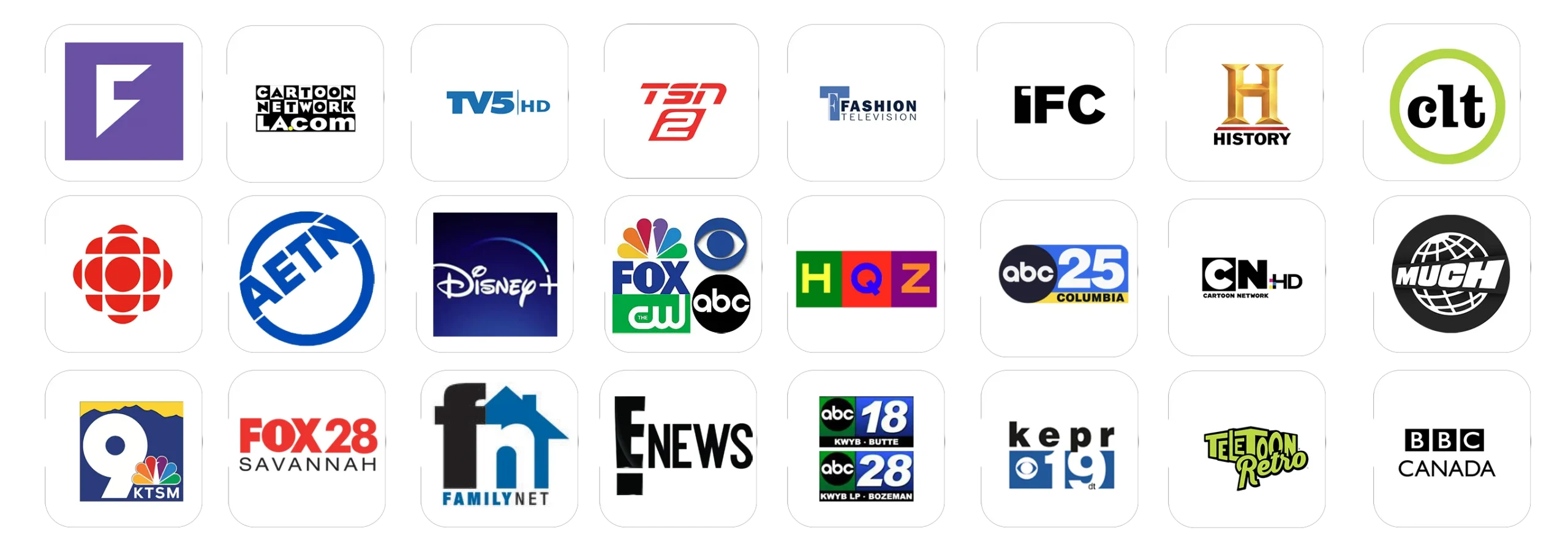 Échantillon de chaînes populaires : CBC, AETN, Disney+, FOX, ABC, TSN, History, Cartoon Network, BBC Canada et autres.