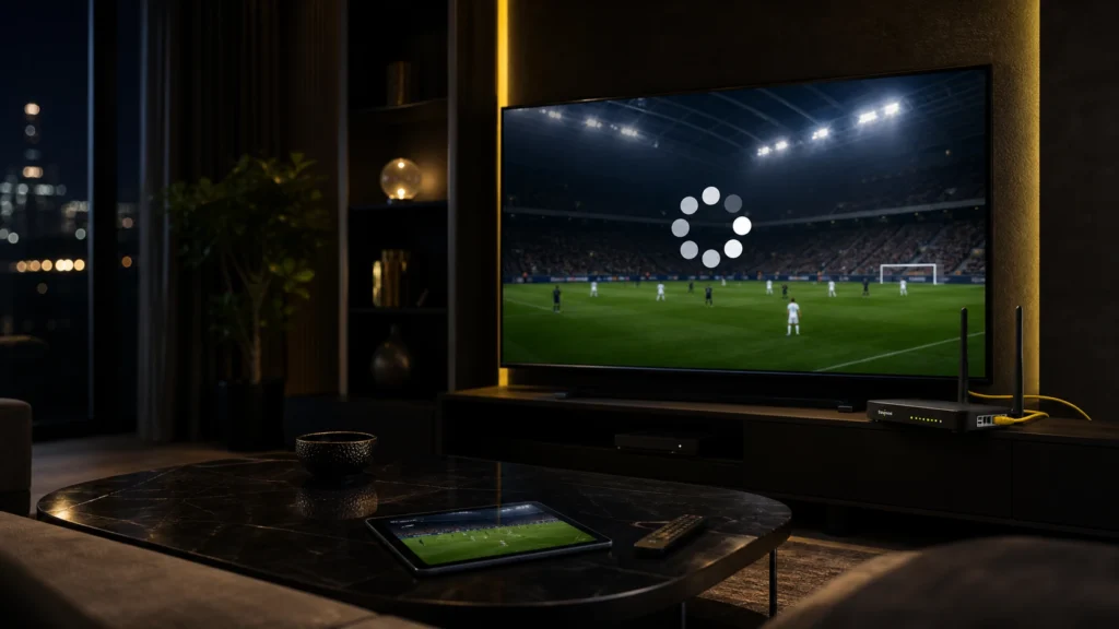 IPTV qui lag ou coupe ? 12 solutions efficaces en 2026 1 Smart TV affichant un match avec une connexion Ethernet pour résoudre une IPTV qui lag