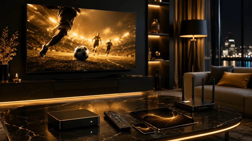 Smart TV avec match de football, box IPTV et routeur pour choisir le meilleur IPTV France 2026