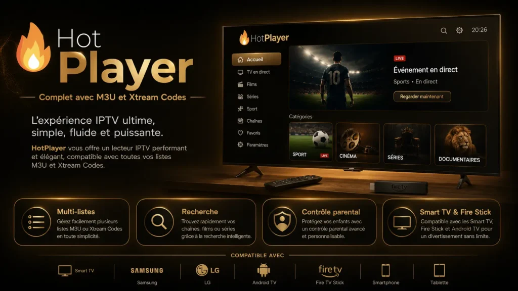 Visuel Hot Player au design premium noir et doré, présentant un lecteur IPTV compatible M3U et Xtream Codes avec recherche, contrôle parental et compatibilité Smart TV et Fire Stick. Vu Player Pro