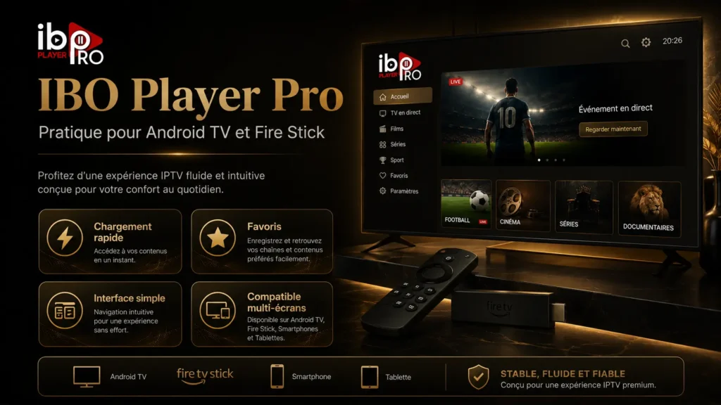 Bannière IBO Player Pro en noir et or avec interface IPTV moderne, compatible Android TV et Fire Stick, avec mise en avant du chargement rapide, des favoris et du multi-écrans.