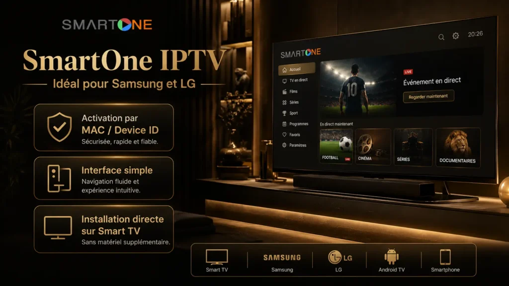 Visuel promotionnel SmartOne IPTV au style premium noir, doré et marron, mettant en avant une interface IPTV élégante pour Samsung et LG avec activation par MAC ou Device ID.