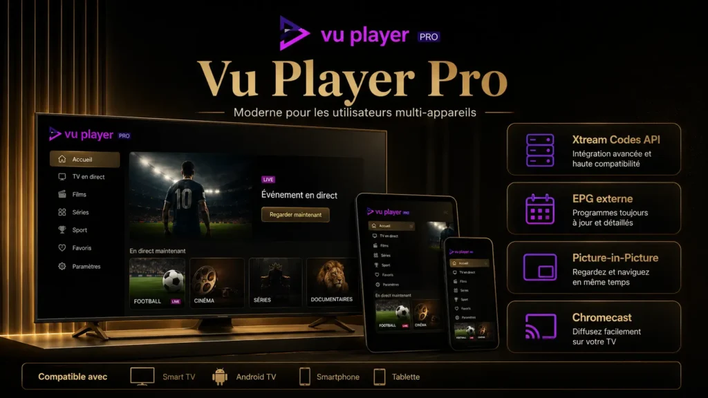 Affiche Vu Player Pro en noir, or et violet, montrant une interface IPTV multi-appareils avec compatibilité Smart TV, Android TV, smartphone et tablette, ainsi que des fonctions Xtream Codes API, EPG et Chromecast.