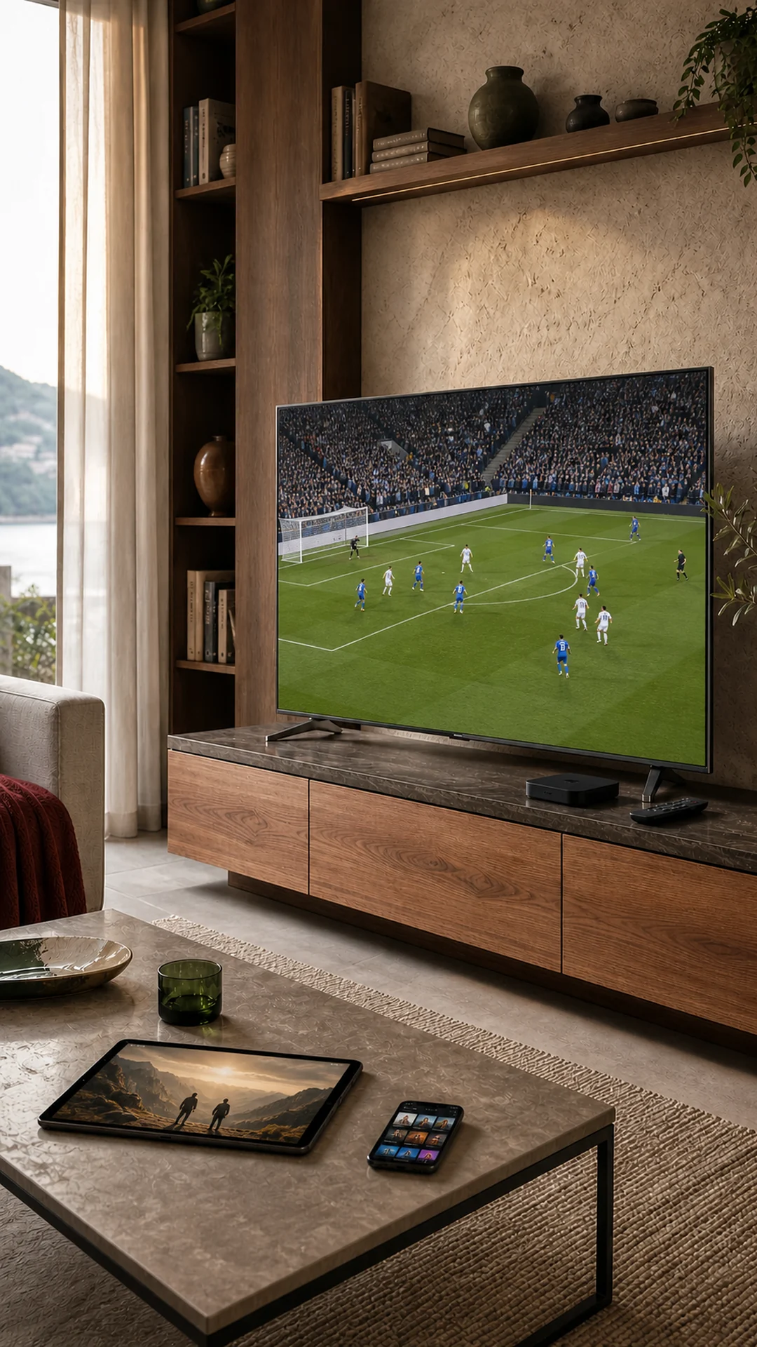 Salon avec une télévision connectée, un boîtier multimédia et une tablette
